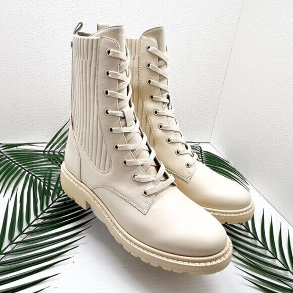 Sam Edelman Lydell Ivory Leather Combat Boots Lug Sole Size 9M NWB Chic Fall - Picture 1 of 13